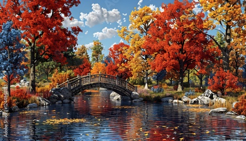Arched bridge to red pavilion in forest.