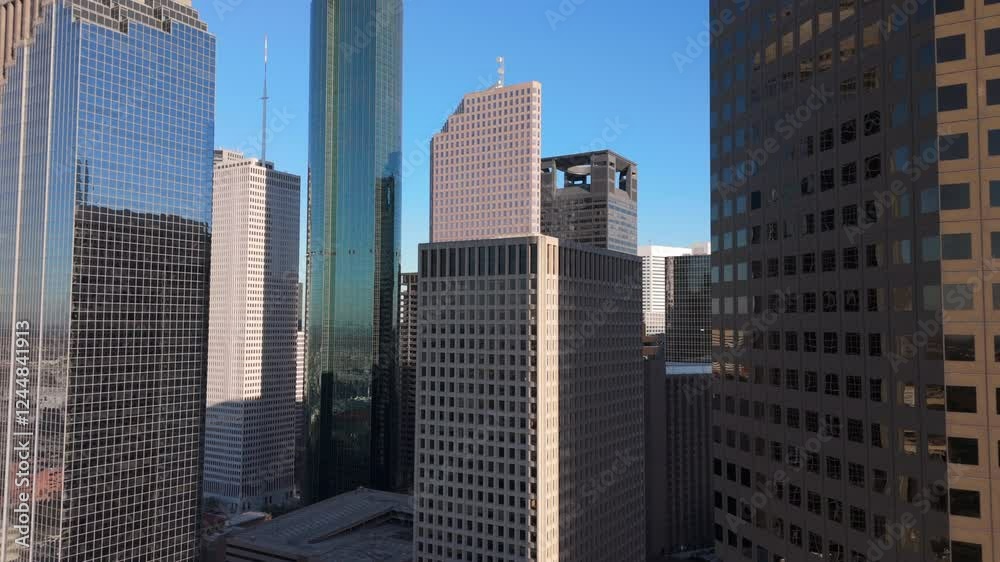 Stunning aerial drone view that beautifully showcases the impressive skyscrapers and energetic atmosphere found in Downtown Houston, Texas, highlighting the citys bustling and vibrant environment Stunning aerial drone view that beautifully showcases the impressive skyscrapers and energetic atmosphere found in Downtown Houston, Texas, highlighting the citys bustling and vibrant environment