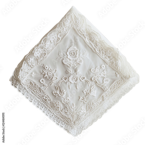 Delicate Lace Handkerchief with Floral Embroidery Isolated on Transparent Background