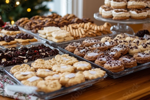 Assorted baked goods on a wooden table in a bakery