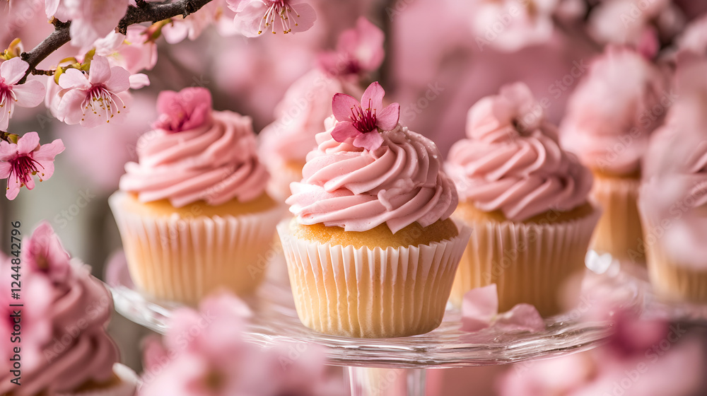A sakura-themed dessert buffet featuring cupcakes, pastries, and blossoms A sakura-themed dessert buffet featuring cupcakes, pastries, and blossoms