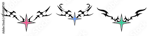 Star Shape with Neo tribal y2k gothic style tattoo Cyber sigilism spikes and sparks for streetwear print designs, spiky y2k aesthetic vector set