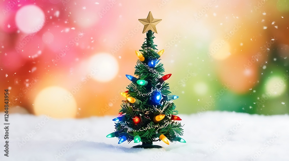 A small Christmas tree with glowing multicolored lights and a golden star on top, surrounded by a snowy scene with a blurred bokeh background, perfect for holiday celebrations
A small Christmas tree with glowing multicolored lights and a golden star on top, surrounded by a snowy scene with a blurred bokeh background, perfect for holiday celebrations