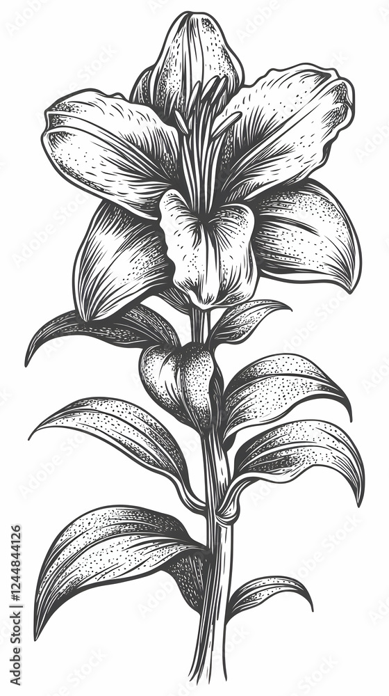 Detailed Ink Drawing of a Lily Flower Shows Petals, Leaves, and Stem with Elegant Precision Detailed Ink Drawing of a Lily Flower Shows Petals, Leaves, and Stem with Elegant Precision