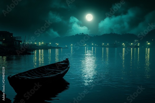 Serene view of a small boat on calm water under moonlight photo