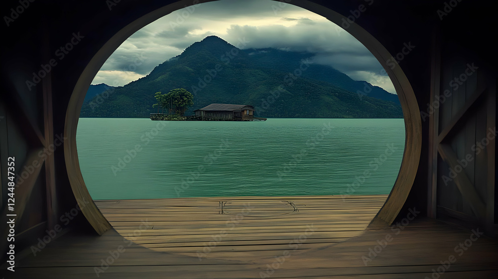 Fototapeta premium Secluded floating house amidst tranquil lake and majestic mountains viewed from a wooden deck.