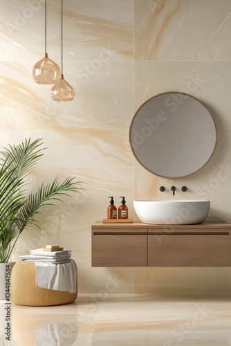 Modern Bathroom Interior Featuring Elegant Stone Walls, Contemporary Sink, Wood Vanity, Decorative Plants, Stylish Lighting, and Minimalist Accessories for a Sophisticated Ambiance