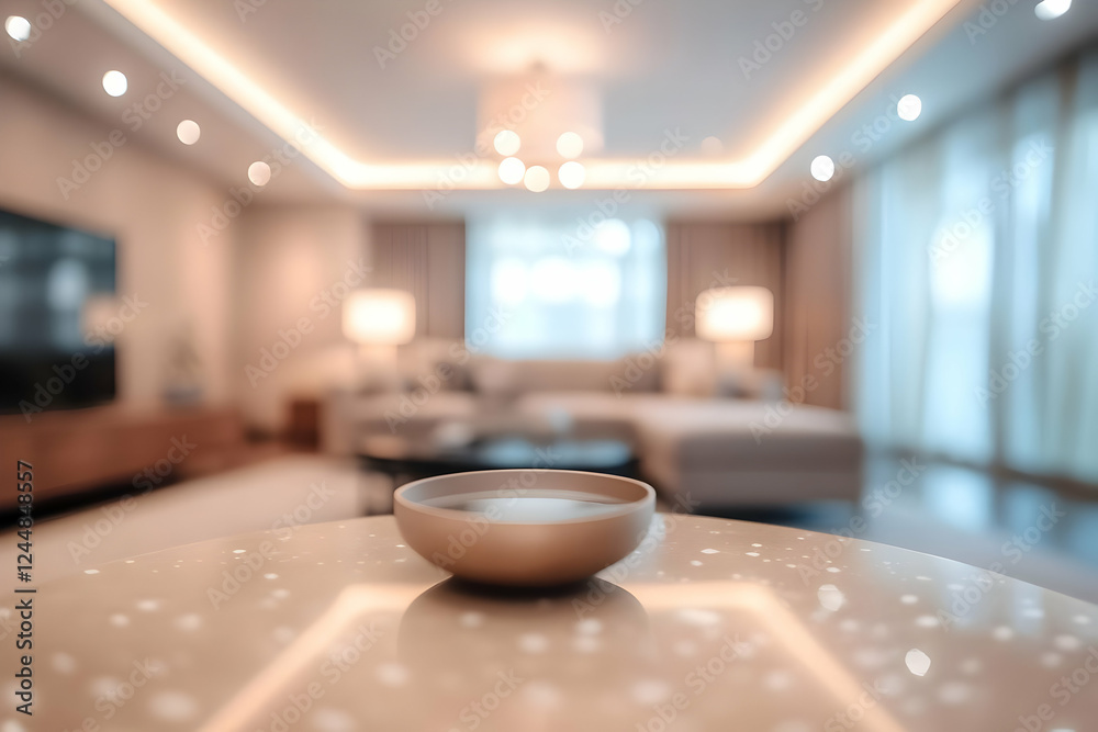 Beige Bowl Sits on a Speckled Table in a Blurred Living Room with Soft Lighting Beige Bowl Sits on a Speckled Table in a Blurred Living Room with Soft Lighting