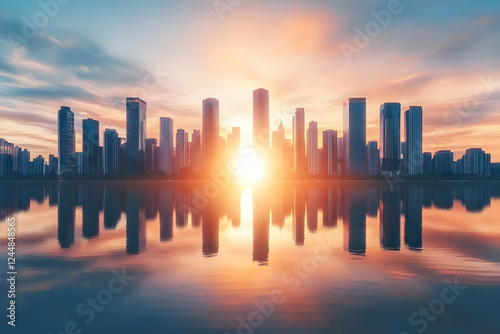 Cityscape Reflects in Calm Water at Sunrise with Colorful Sky and Clouds
