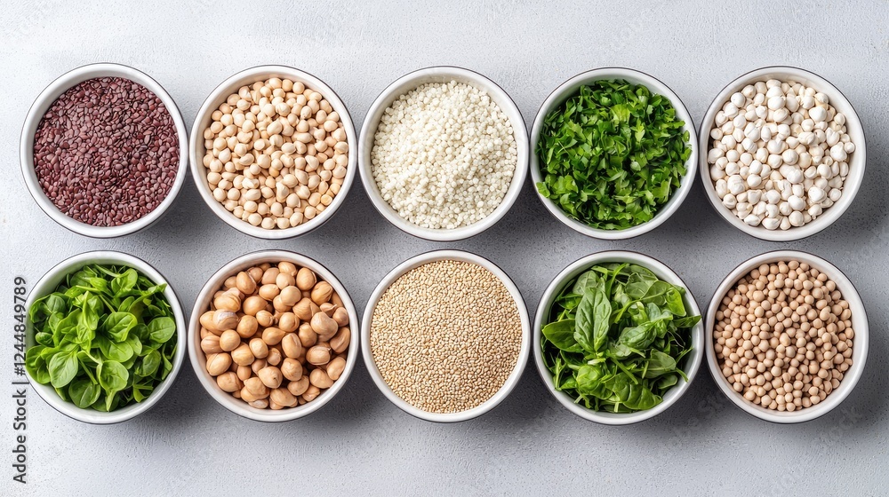 Healthy grains and legumes in bowls, flat lay, food photography, recipe blog Healthy grains and legumes in bowls, flat lay, food photography, recipe blog
