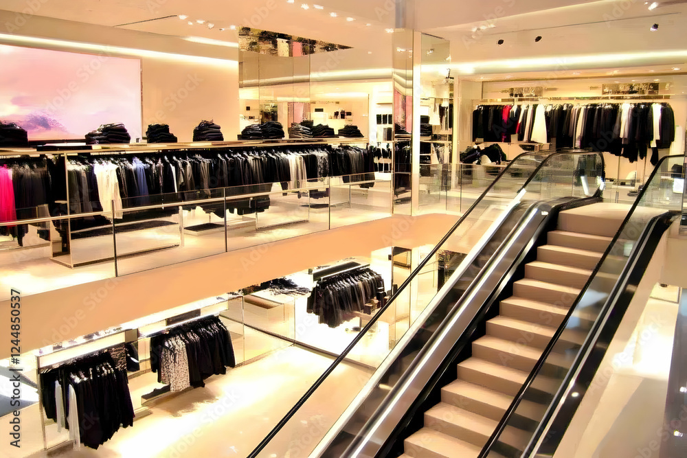 Obraz premium Escalator Connects Fashion Levels in Upscale Retail Store with Stylish Displays and Warm Lighting.