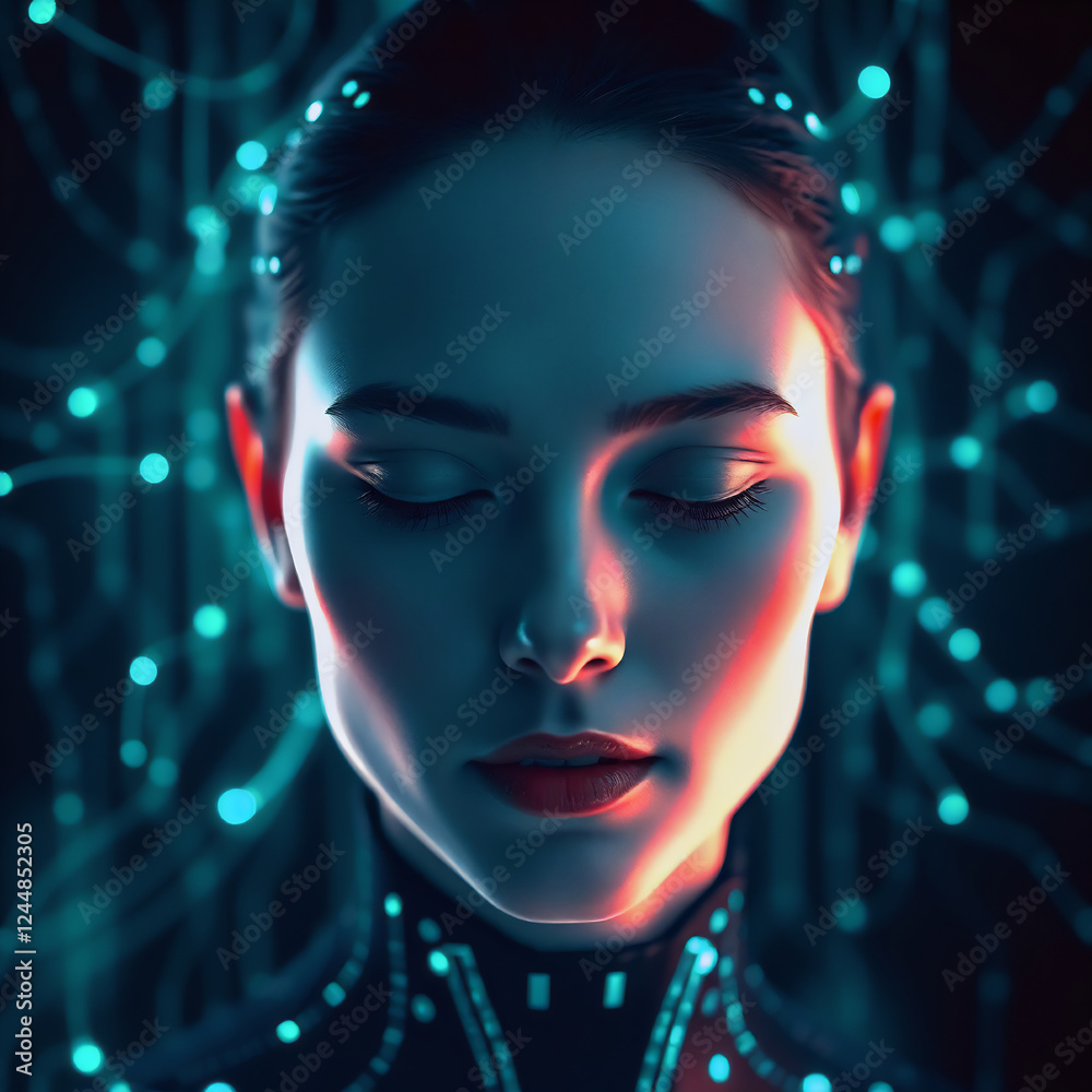 Ethereal female AI with teal digital data streams in low-key lighting Ethereal female AI with teal digital data streams in low-key lighting