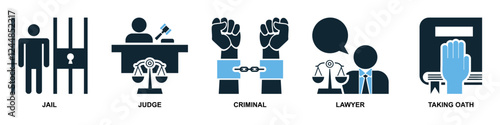 set of law and justice icon vector,  featuring scales of justice, a gavel, courthouse for law firms, judiciary, legal services, and regulations