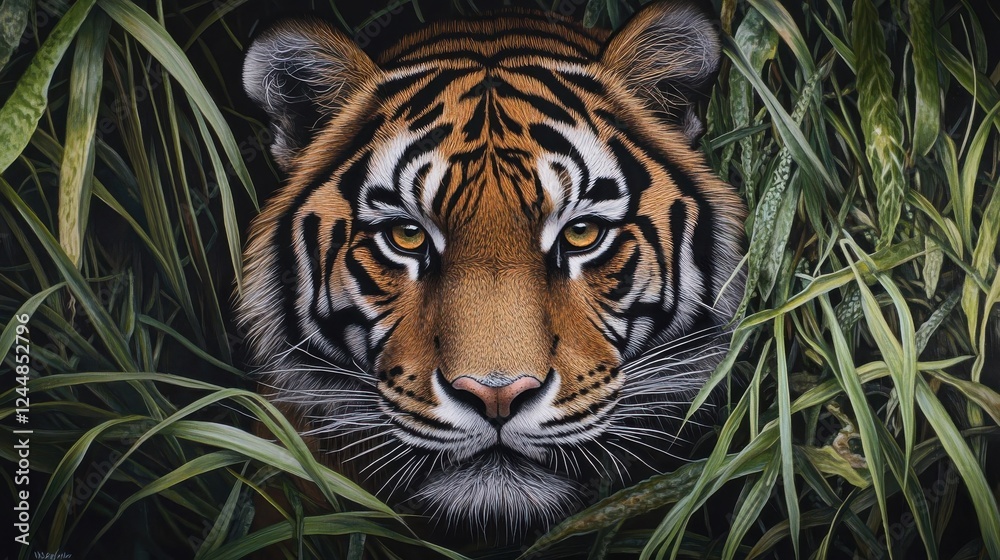 Fototapeta premium Majestic Tiger Hidden In Lush Green Foliage