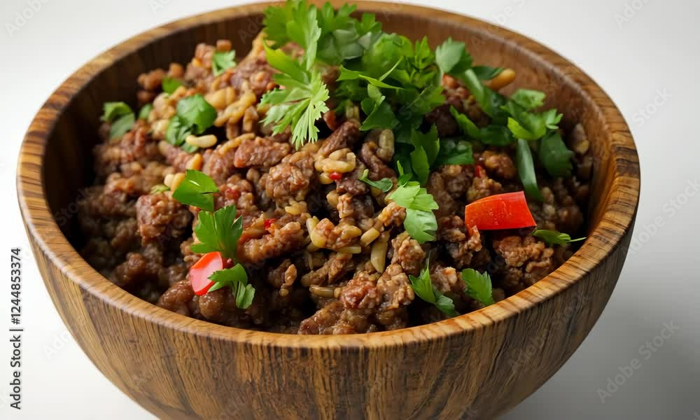 Delicious Bowl of Savory Beef and Rice with Fresh Herbs and Vegetables with ai generated Delicious Bowl of Savory Beef and Rice with Fresh Herbs and Vegetables with ai generated