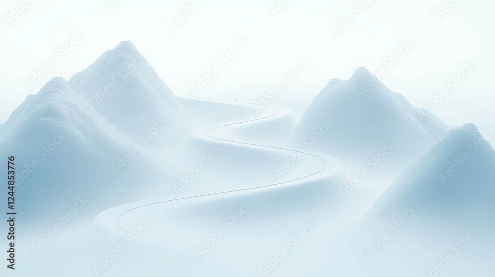 Obraz premium Misty Valley Road, a winding path vanishing into swirling fog, leads to a hidden mountaintop village, featuring a minimalist design and an open, tranquil atmosphere.