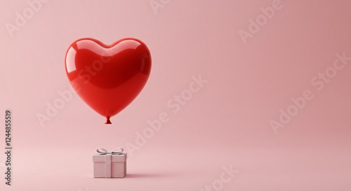 Minimal gradient pink background with a single red heart balloon floating, a monochrome gift box2 photo