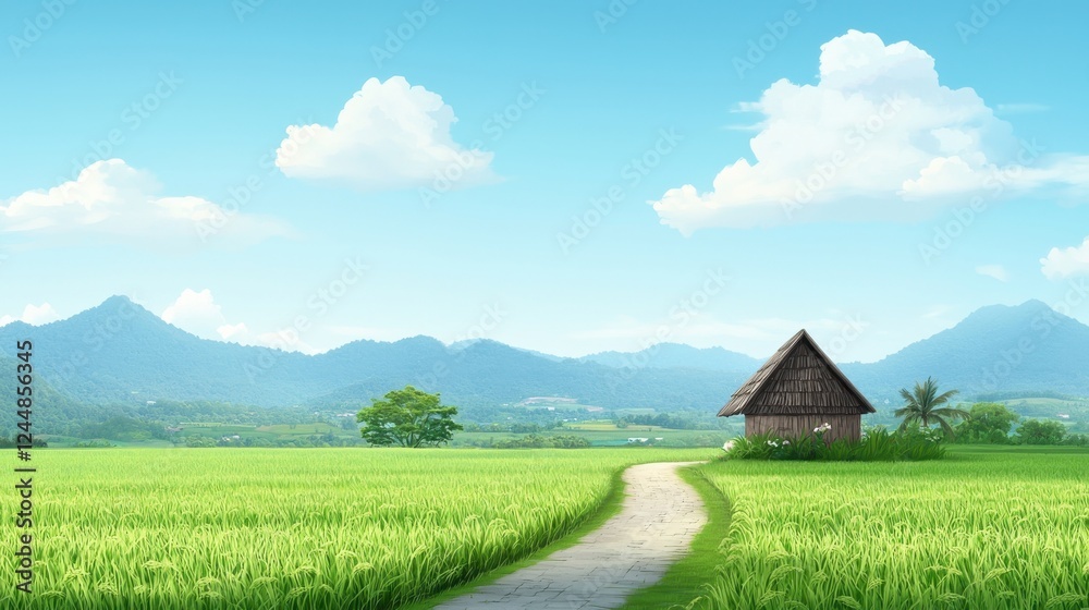 Tranquil Rural Landscape with Green Fields and Mountains Tranquil Rural Landscape with Green Fields and Mountains