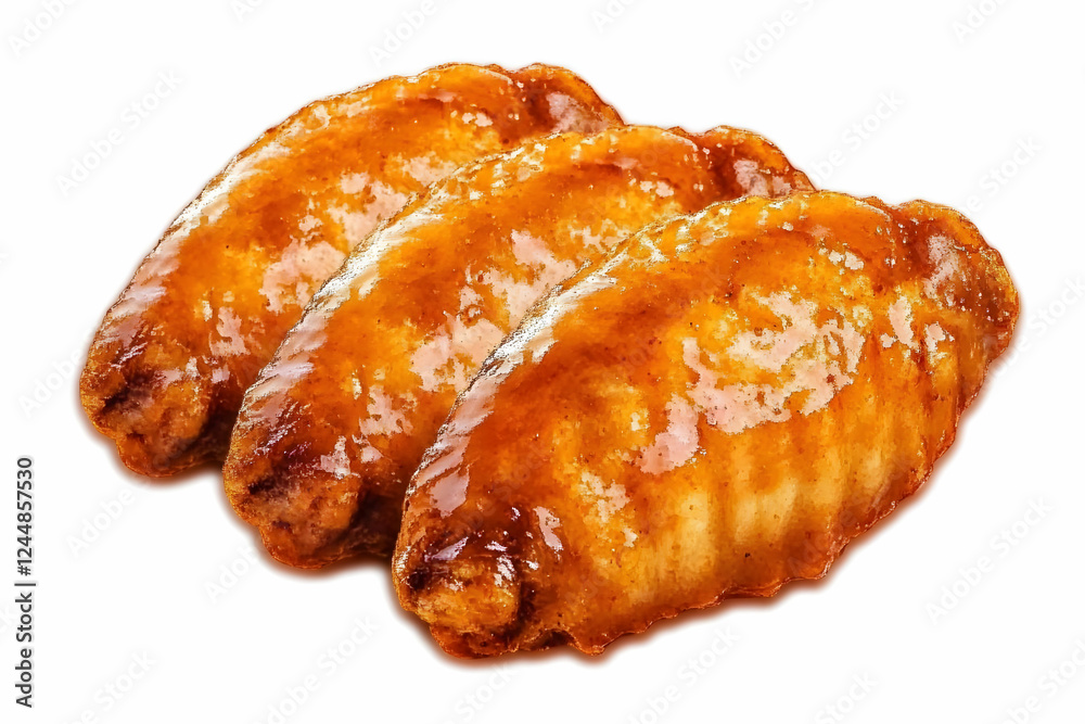 Three Glazed Chicken Wings Lie Side by Side on a White Background. Three Glazed Chicken Wings Lie Side by Side on a White Background.
