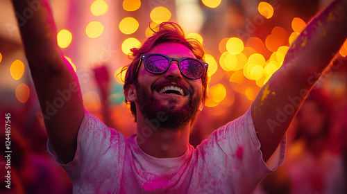 Happy young man celebrating Holi festival with vibrant colors, joyful expression, sunglasses, and bright bokeh lights in the background, capturing festive energy and excitement. photo