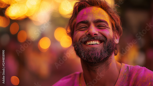 Smiling bearded man covered in colorful Holi powder enjoying the festival of colors, surrounded by glowing lights and an energetic festive atmosphere. photo