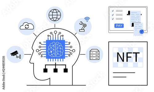 Human brain connected to a circuit with icons of cloud computing, robotics, globe, surveillance camera, server, and NFTs. Ideal for artificial intelligence, innovation, technology machine learning