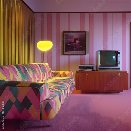A highly photorealistic fullsized 1980s living room featuring a plush retro velvet sofa with bold geometric patterns and a vintage CRT TV positioned off to the side