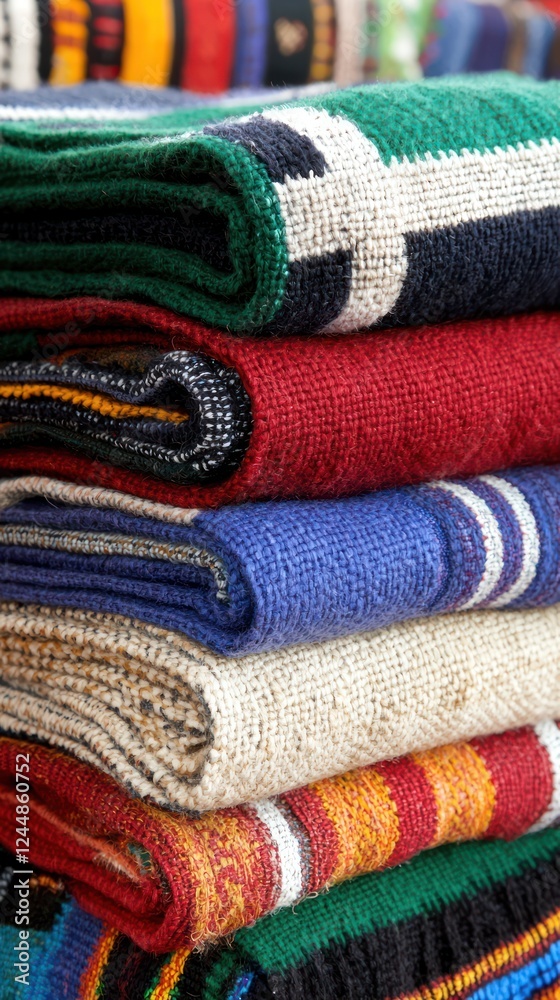 A vibrant stack of colorful woven blankets showcasing various patterns and textures. A vibrant stack of colorful woven blankets showcasing various patterns and textures.