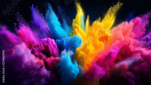 Explosion of vibrant Holi powder in mid-air, featuring bright colors including blue, pink, yellow, and purple, symbolizing the energetic spirit of the festival. photo