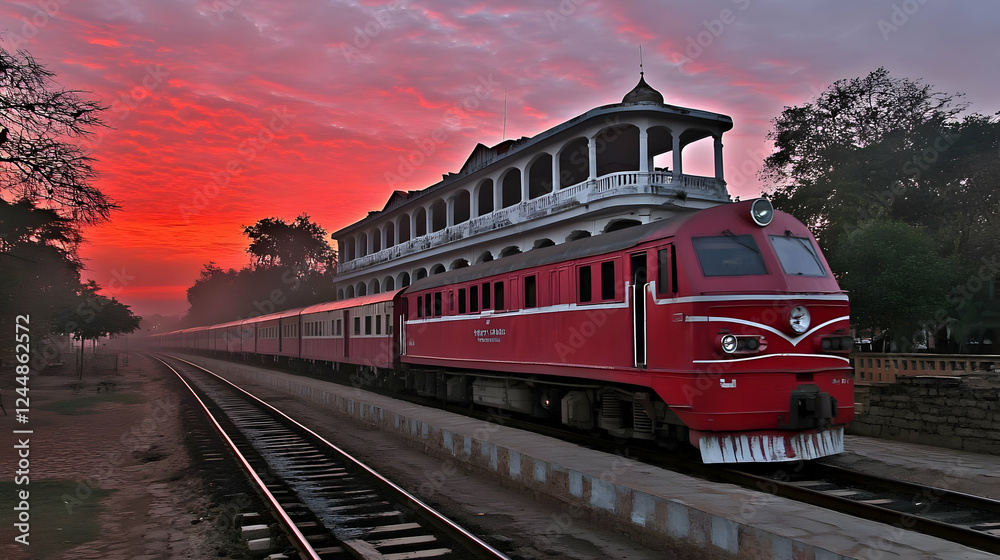Obraz premium Red Train Departs Station at Sunrise Under Vivid Sky and Architectural Building.
