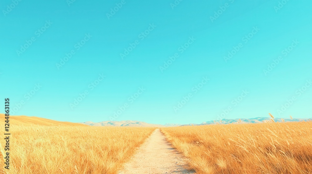 Fototapeta premium Whispering Meadow Path, a serene golden trail surrounded by buzzing bees and gentle breezes, featuring a minimalist design with ample free space for a calming experience