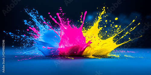 Splashes of vibrant Holi paint in blue, pink, and yellow mid-air, dynamically colliding, symbolizing festival energy, excitement, and the joy of colors. photo