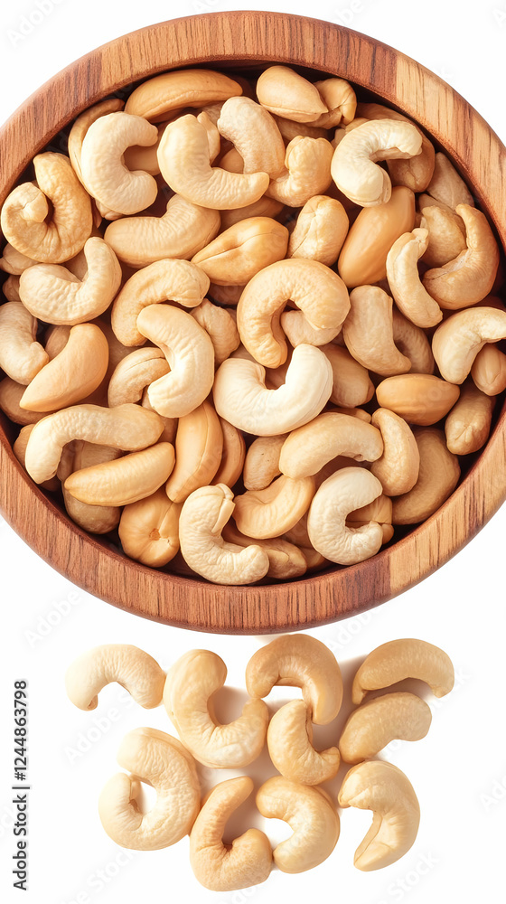 Cashew Nuts in Wooden Bowl Spilled with Isolated White Background, Close-Up Photography Cashew Nuts in Wooden Bowl Spilled with Isolated White Background, Close-Up Photography