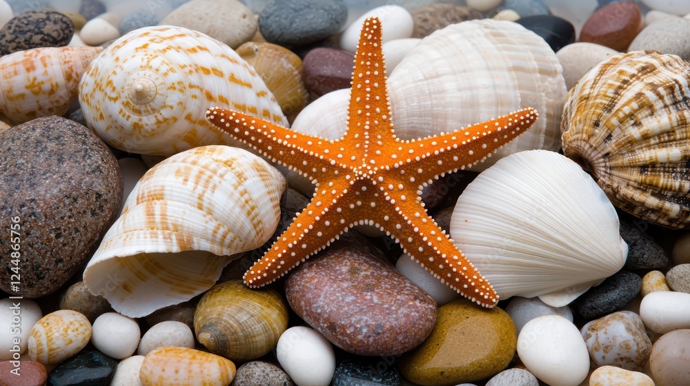 A vibrant starfish among various seashells and pebbles on a sandy surface. A vibrant starfish among various seashells and pebbles on a sandy surface.