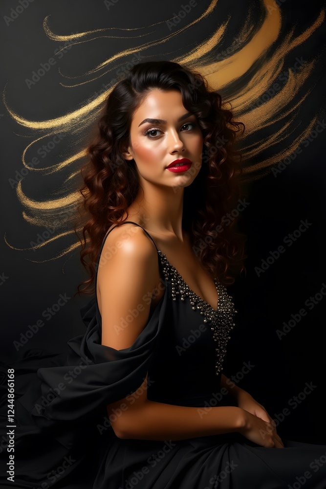 Fototapeta premium Sophisticated woman posing under dramatic studio background