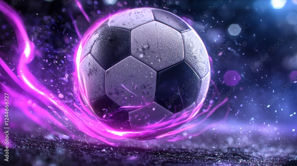 Naklejka premium Dramatic depiction of a football in midair collision during a night sports match with the ball glowing against a cosmic futuristic backdrop in the stadium environment