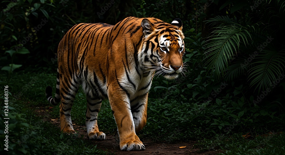 Obraz premium Majestic Tiger Walking in Lush Jungle at Night