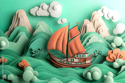 3D Paper Cutout Sailboat Sa...