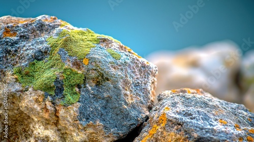 Lichen-covered rocks near calm water, nature background, website banner photo