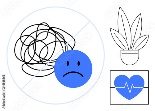 Sad face icon with tangled lines inside a prohibition circle, potted plant, and heart with a heartbeat line. Ideal for mental health awareness, stress relief, emotional well-being, psychological