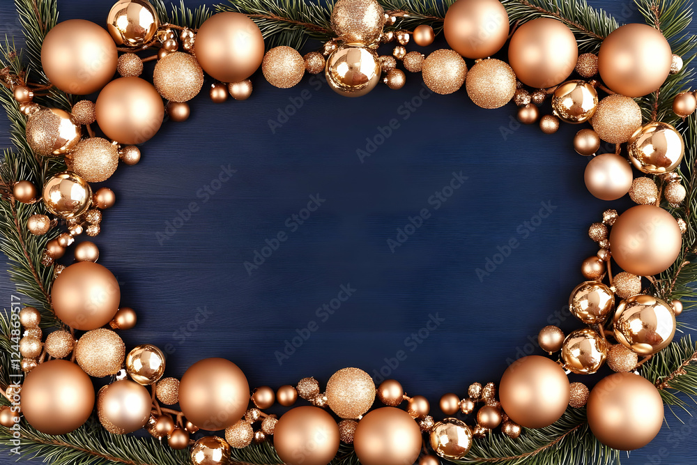 Golden Christmas Ornaments and Pine Branches Frame a Deep Blue Background Elegantly Golden Christmas Ornaments and Pine Branches Frame a Deep Blue Background Elegantly