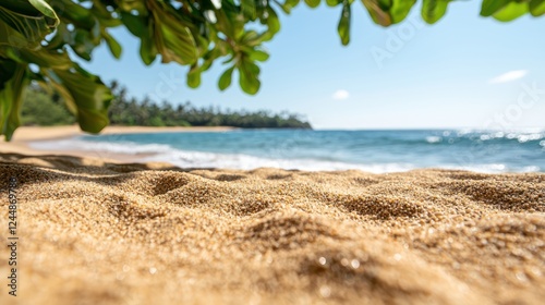 A serene beach scene with golden sand, gentle waves, and lush greenery.