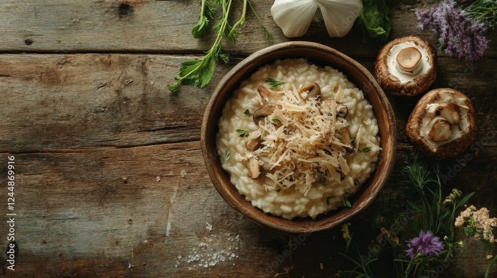 A beautiful composition of a rustic wooden table filled with mushroom risotto, garnished with grated cheese and fresh herbs, inviting viewers to indulge in the dish. A beautiful composition of a rustic wooden table filled with mushroom risotto, garnished with grated cheese and fresh herbs, inviting viewers to indulge in the dish.