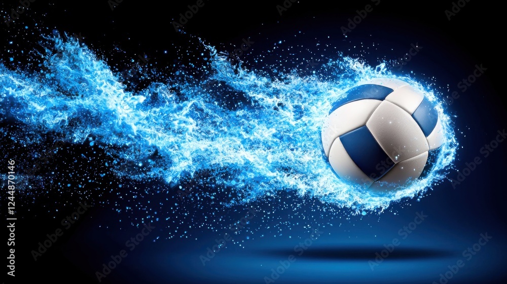 Naklejka premium Dynamic and electrifying volleyball spike moment captured with a glowing ball surrounded by a splash of water against a dark and vibrant digital backdrop creating a surreal and sports themed visual