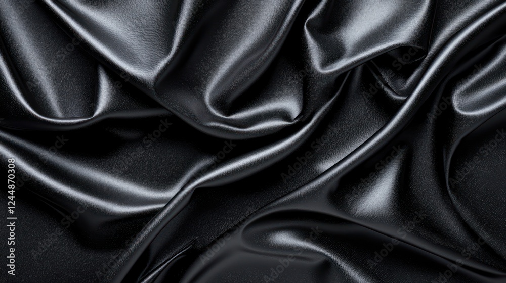 Fototapeta premium A close-up of smooth, black satin fabric with elegant folds and creases.