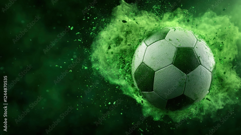 Naklejka premium Dynamic Closeup of Soccer Ball Mid Flight Surrounded by Glowing Energy Explosion and Motion Blur Concept of Power Action and Intensity of the Sport of SoccerFootball