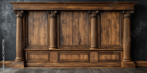 Classic premium luxury wood paneling wall background or texture. Highly crafted traditional wood paneling wall and floor, with a frame and column pattern, Extra wide format. Hand edited generative AI. photo