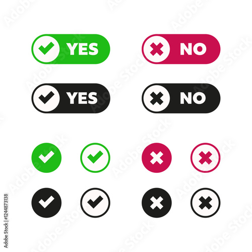 Yes or no choice button and tick or cross icon set in modern bold style. Isolated vector illustration.