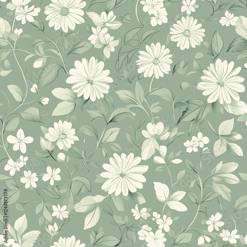 Wallpaper Mural A seamless floral pattern with leaves and flowers in a muted sage green, harmonizing with a slightly lighter green background for a soft, organic feel. Torontodigital.ca