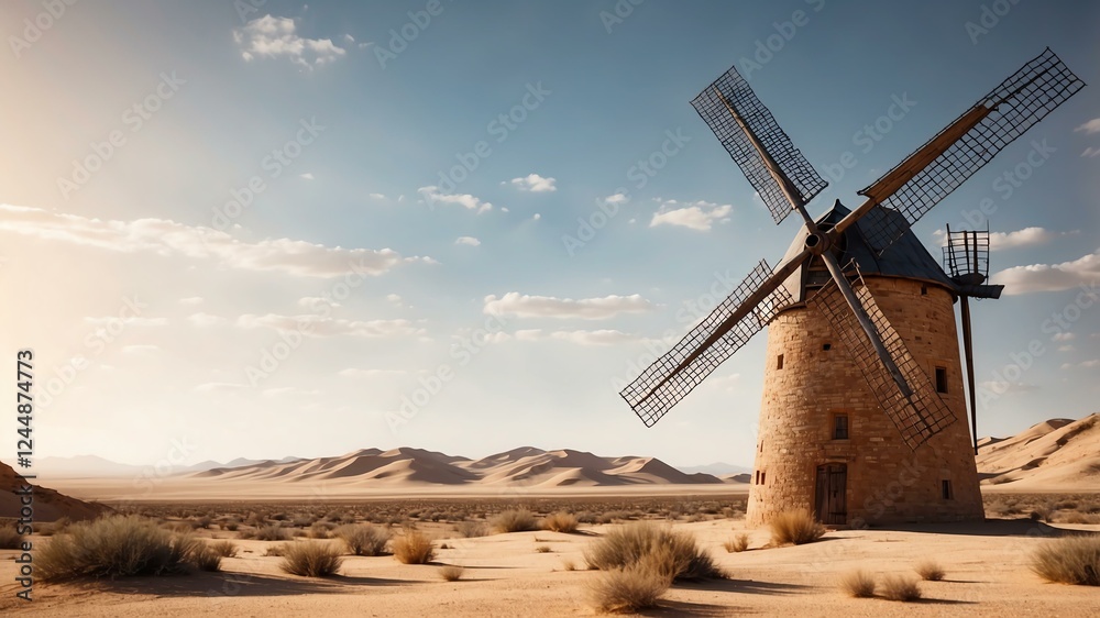 Obraz premium closeup of a windmill on an arid desert background